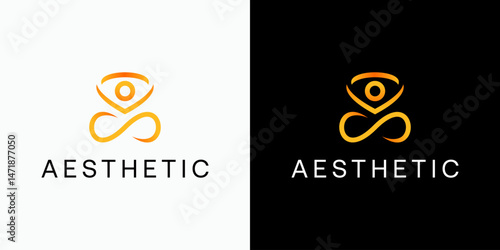 Vector logo design of yoga pose person shape in infinity symbol with luxury, clean and abstract style. Icon for business, sports, spa and personal branding.
