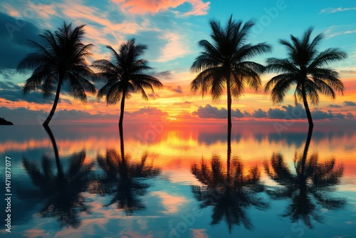 Serene Beach Sunset with Silhouetted Palm Trees Reflection