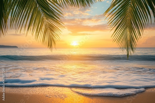 Serene Beach Sunset with Palm Leaves and Soft Waves