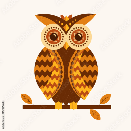 Vector illustration of a stylized owl sitting on a branch, created in a colorful mid-century modern style with warm autumn tones. 