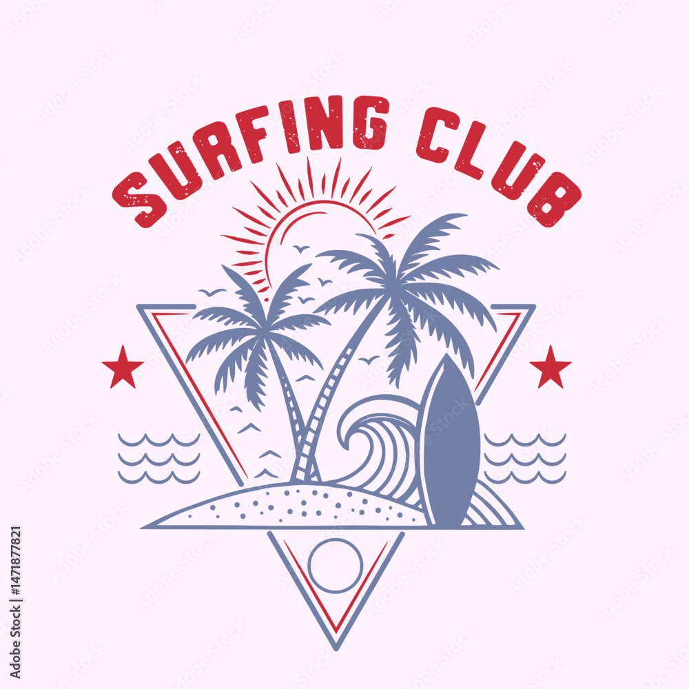 Obraz premium Fashion surfing apparel vector print label with palms, beach and surf