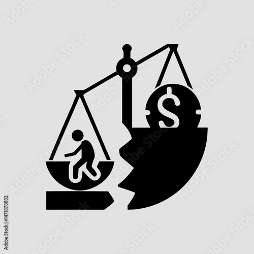A minimalist icon of an unbalanced scale with a person and money. This image is perfect for websites or blogs about justice, ethics, or financial inequality.

