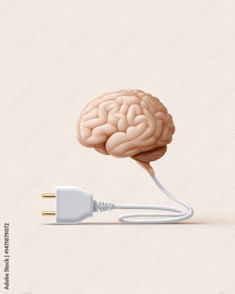 Conceptual illustration of a brain connected to a power plug