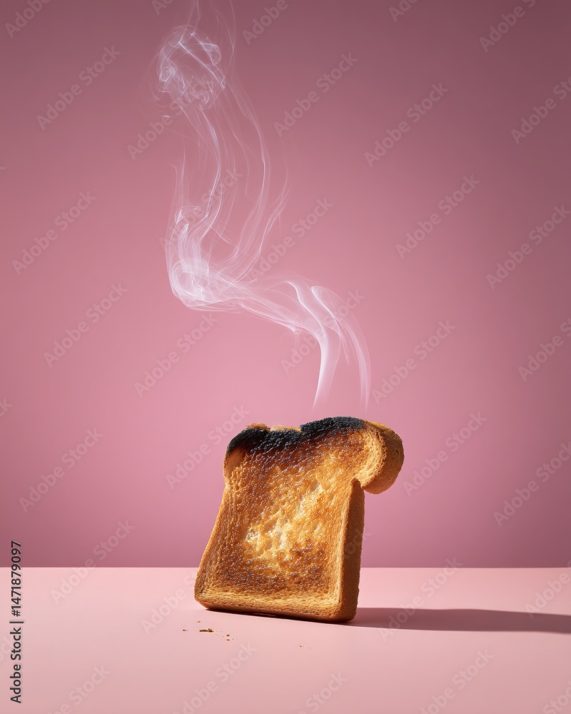 Burnt toast with smoke against a pink background