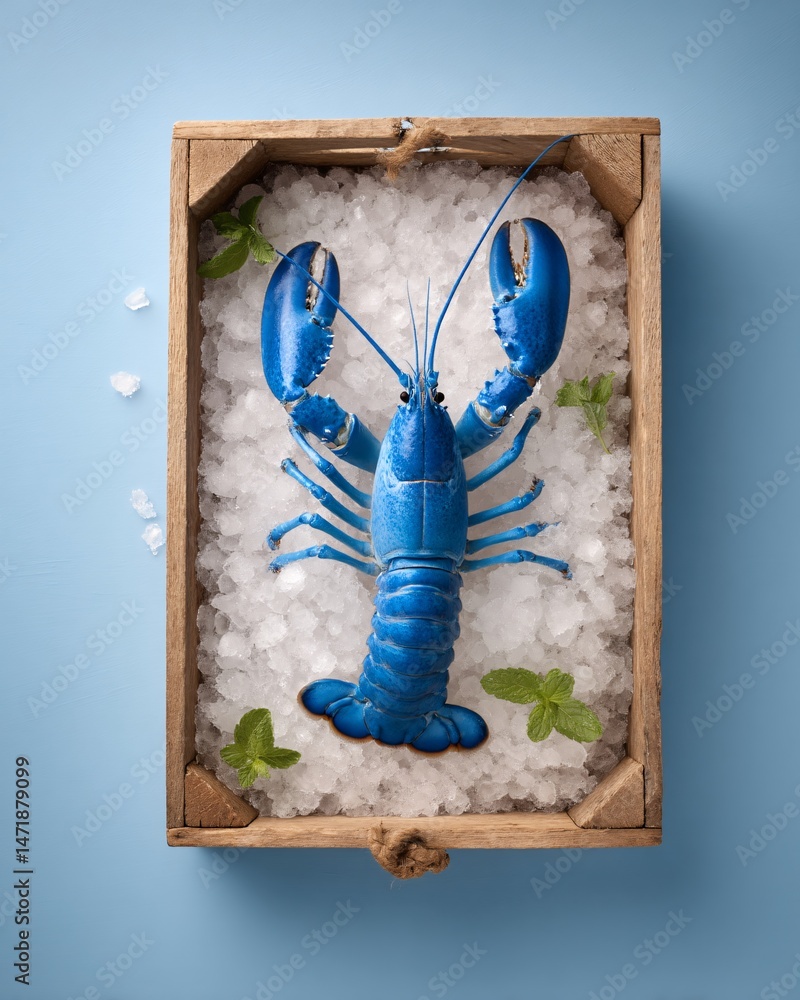 Fresh Blue Lobster on Ice in Wooden Tray