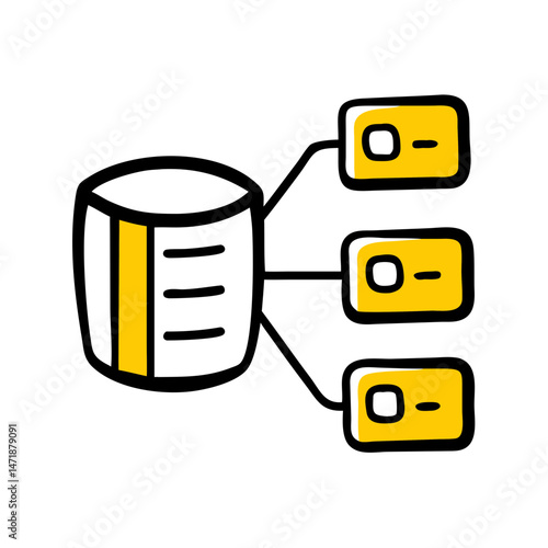 This hand-drawn icon of a database connected to multiple servers is perfect for websites or blogs about data management, server hosting, network architecture, or IT infrastructure.

