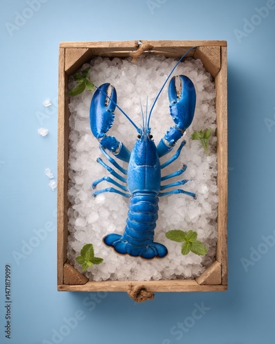 Obraz na płótnie Fresh Blue Lobster on Ice in Wooden Tray w salonie