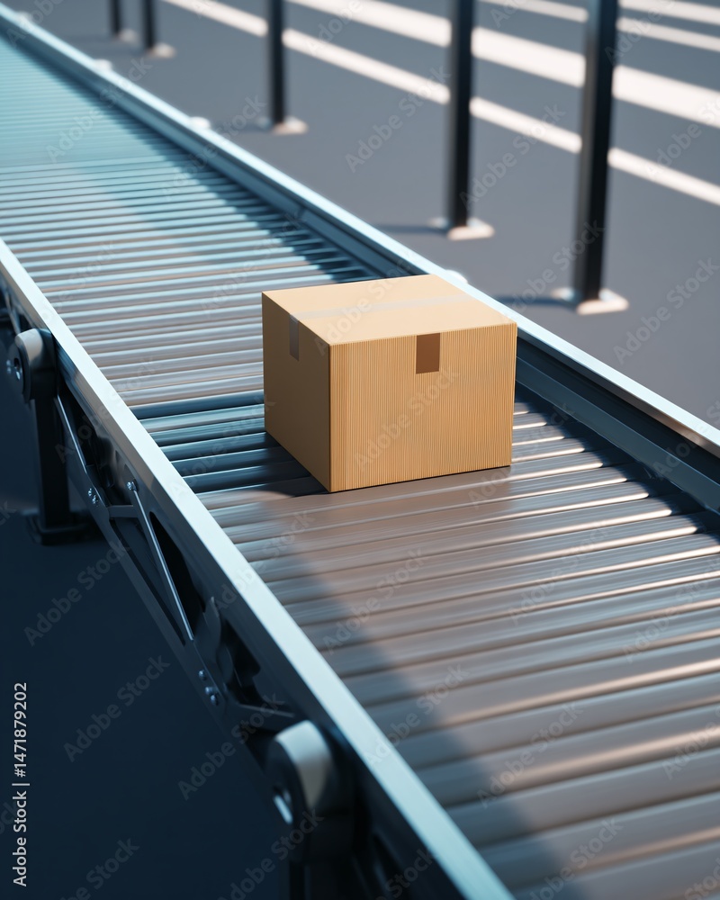 Cardboard box on conveyor belt in warehouse