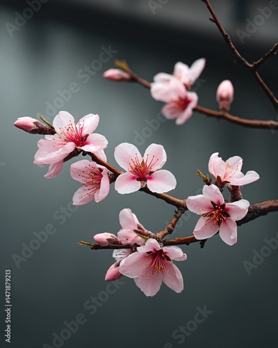 Delicate Cherry Blossom Branch with Droplets