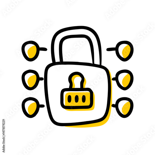  A doodle-style illustration of a combination padlock surrounded by circular nodes, representing network security, data protection, or secure connections. Suitable for tech and cybersecurity blogs.