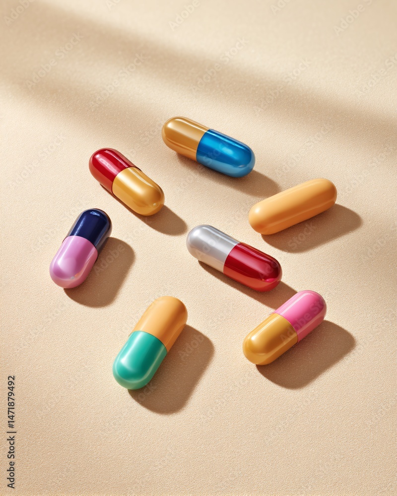 Colorful Assortment of Medical Capsules on Beige Background
