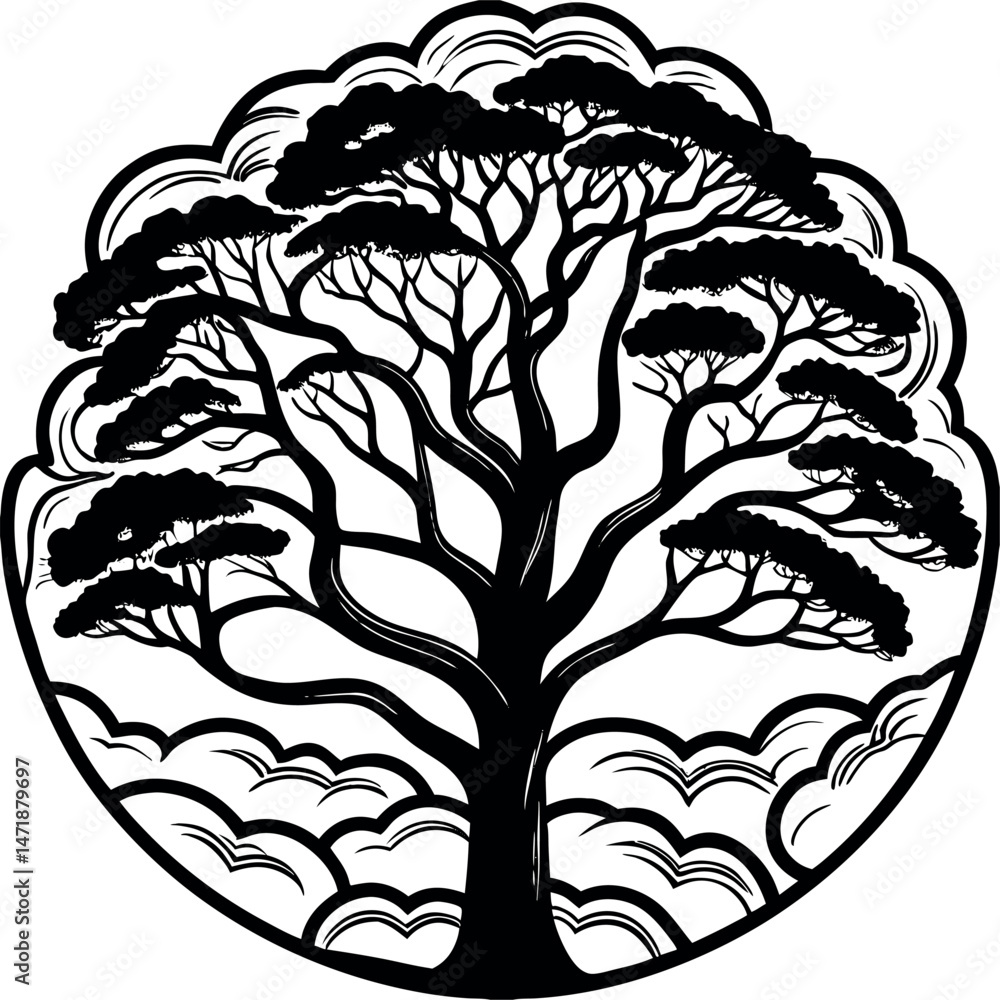Fototapeta premium Isolated tree design featuring simple black and white silhouette art. Ideal for nature themes, posters, backgrounds, and wall art.