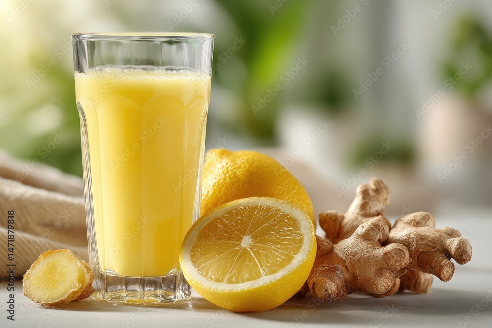 Fototapeta premium A refreshing and vibrant ginger lemon juice in a glass, showcasing the natural ingredients and their bright colors, placed on a clean white surface with blurred background