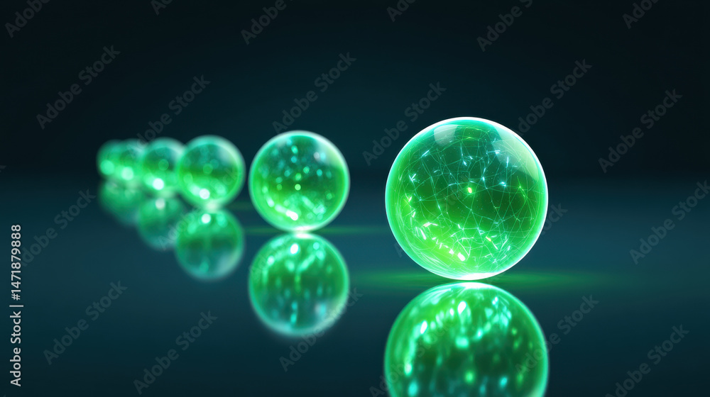 Naklejka premium Glowing green spheres with network like patterns are arranged in row on reflective surface, creating futuristic and conceptual visual effect with vibrant light and depth