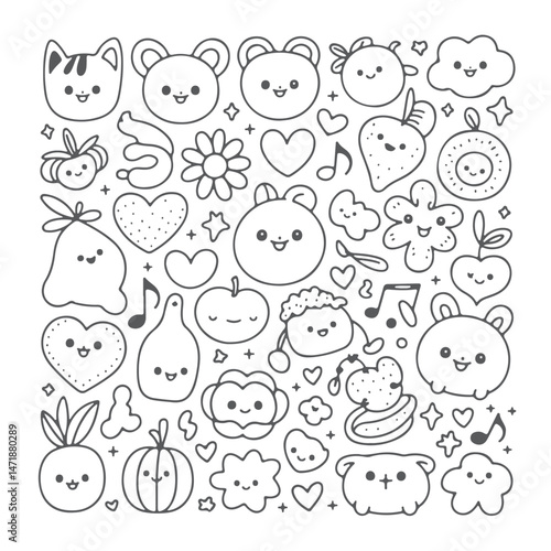 Set of kawaii doodle on white background. Hand drawn abstract doodle isolated on white background.