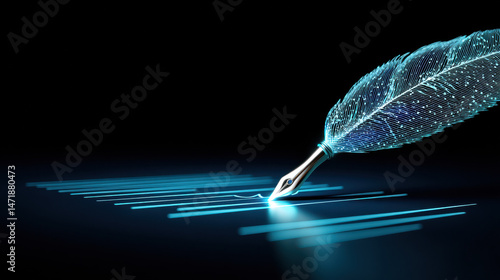 Digital feather pen with glowing lines representing digital signature verification and authenticity in financial technology, symbolizing secure electronic document signing and trust