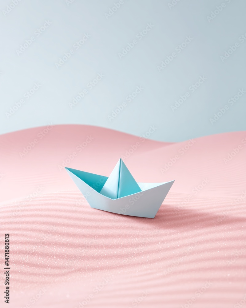 Paper boat on pink sand background