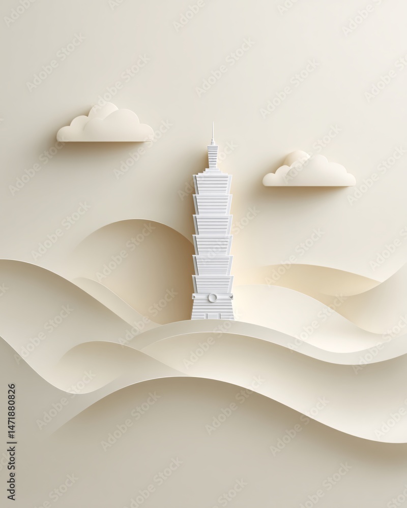 Paper Cutout Landscape with Tower and Clouds