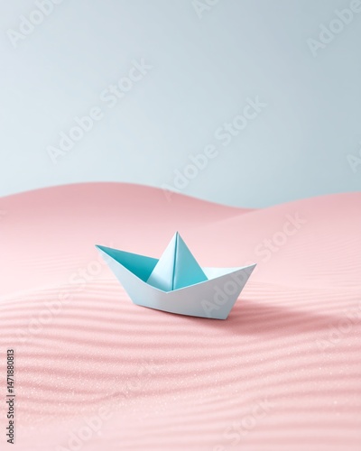 Obraz na płótnie Paper boat on pink sand background w salonie
