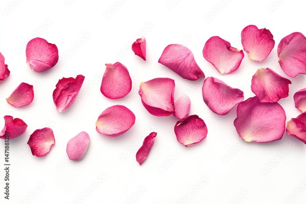 Fototapeta premium Floating pink rose petals on white background