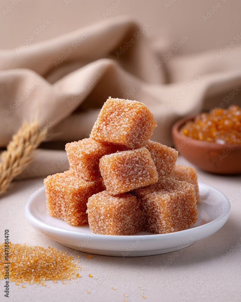 Sugar cubes arranged on a plate with scattered sugar and a bowl of syrup
