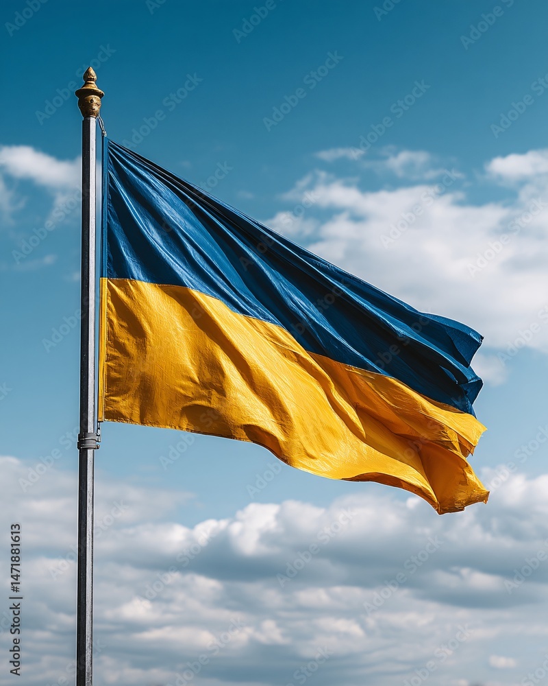 Ukrainian Flag Flying Against a Blue Sky
