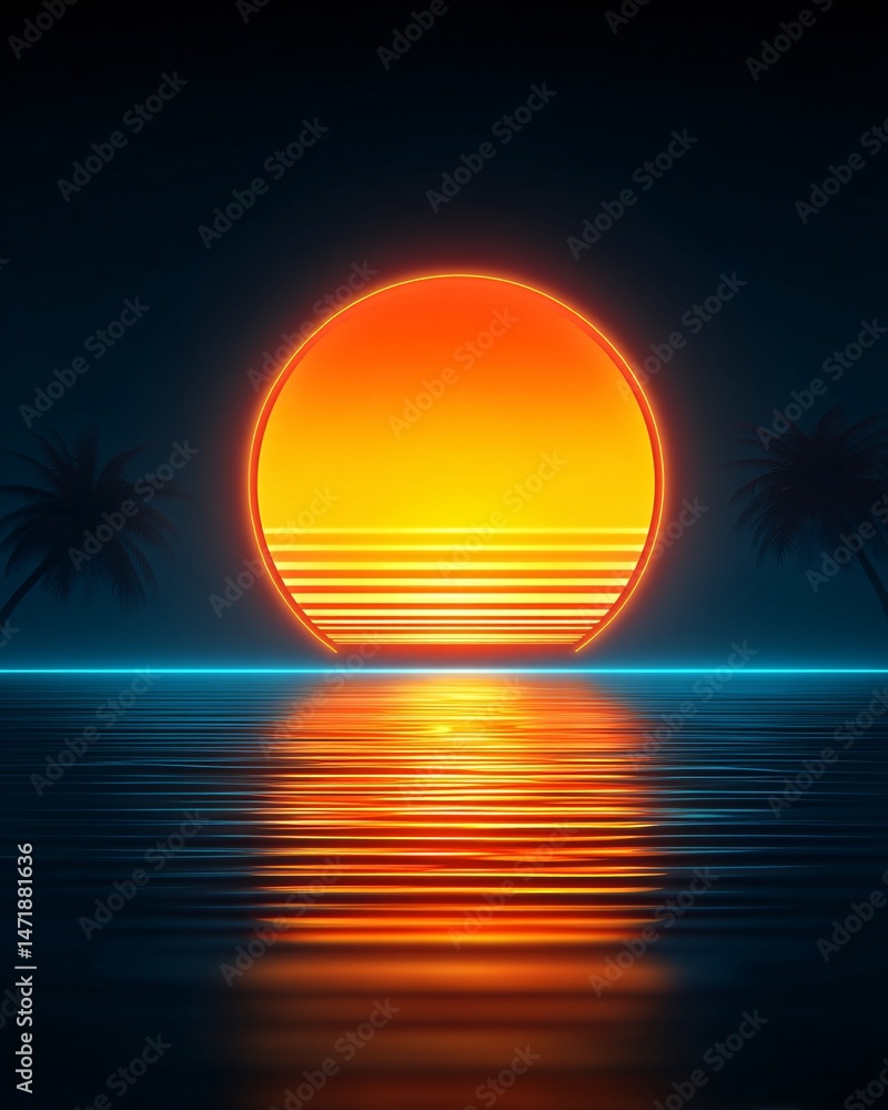 Vibrant Sunset Over Tranquil Waters with Silhouetted Palm Trees