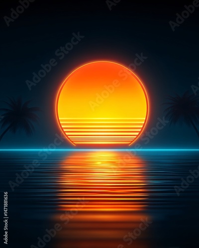 Obraz na płótnie Vibrant Sunset Over Tranquil Waters with Silhouetted Palm Trees w salonie