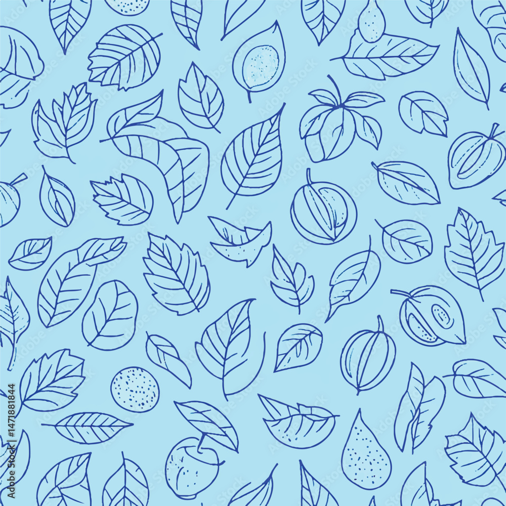 A Autumn leaves and fruits blue outline pattern A Autumn leaves and fruits blue outline pattern