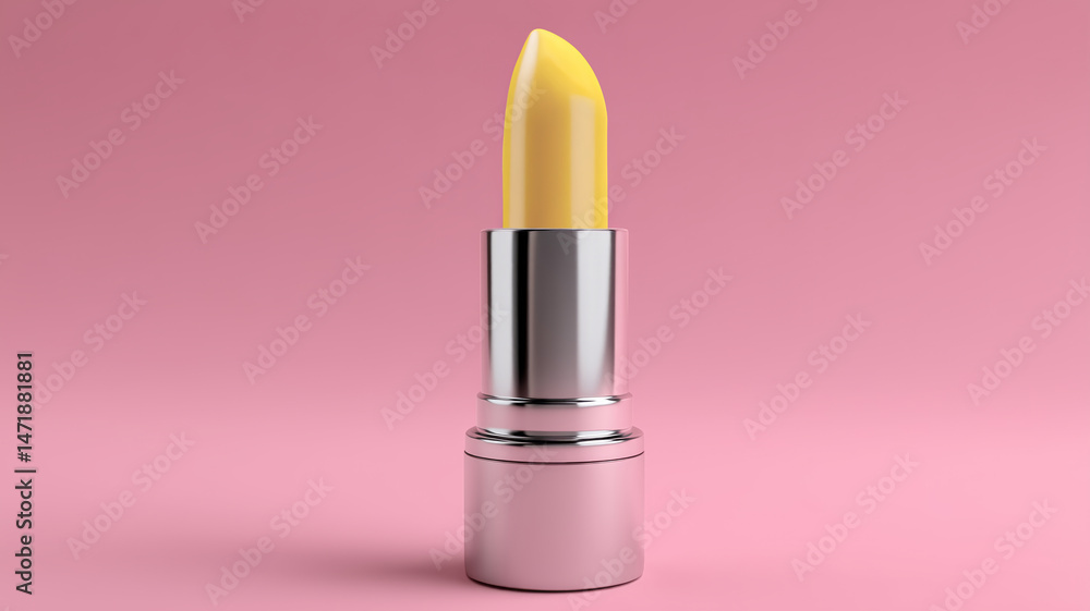 Gelber Lippenstift im silbernen Gehäuse vor rosa Hintergrund. Gelber Lippenstift im silbernen Gehäuse vor rosa Hintergrund.