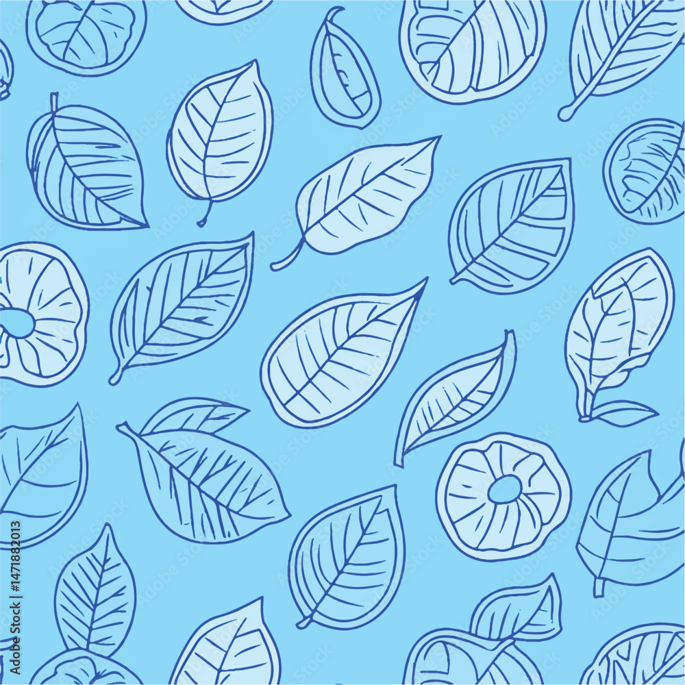 Obraz premium A Autumn leaves and fruits blue outline pattern