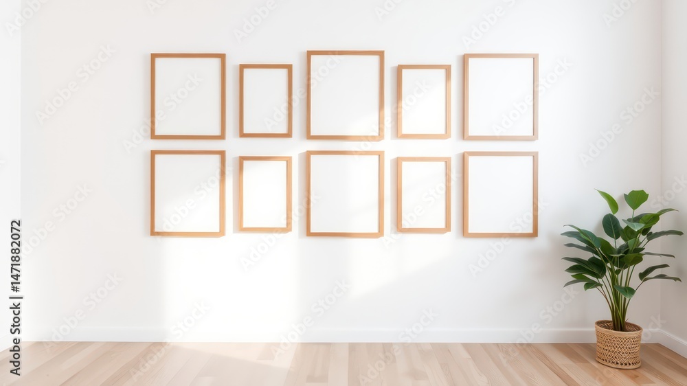 Fototapeta premium Gallery Wall Mockup Ten Empty Frames on a White Wall with Plant