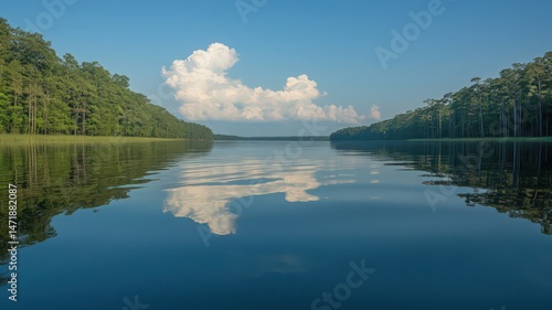 Serene Lake Reflection Of Fluffy Clouds Under Blue Sky