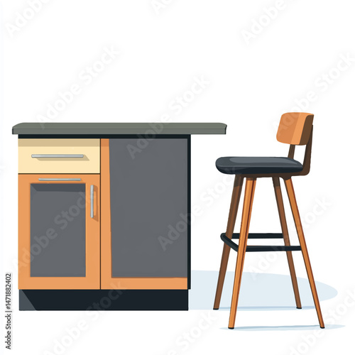 a bar stool next to a high kitchen island