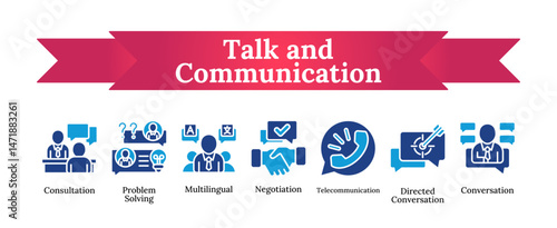 Talk and Communication Icons - glyph bold blue fill silhouette style icon verbal and digital interaction - consultation, negotiation, multilingual support, and telecommunication