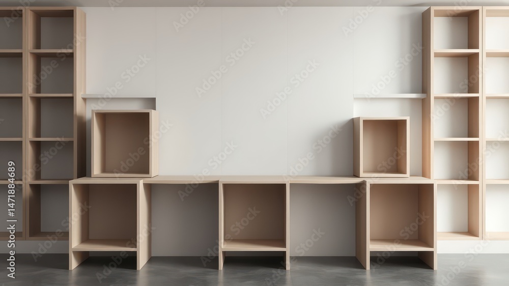 Minimalist Modern Wooden Shelving Unit with Empty Cubbies and Desk Minimalist Modern Wooden Shelving Unit with Empty Cubbies and Desk