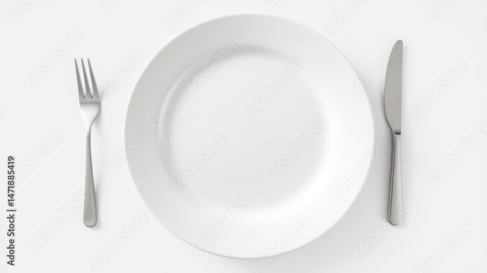 Simple elegance a pristine white dinner plate, fork, and knife on a plain white background Simple elegance a pristine white dinner plate, fork, and knife on a plain white background