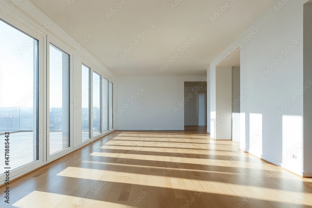 Obraz premium Bright Empty Room with Wooden Floor and Big Windows