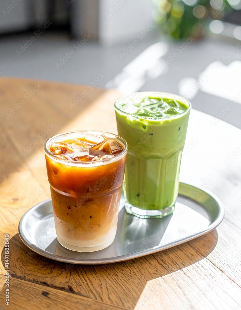 Iced coffee and matcha drinks on a tray neutral background Iced coffee and matcha drinks on a tray neutral background