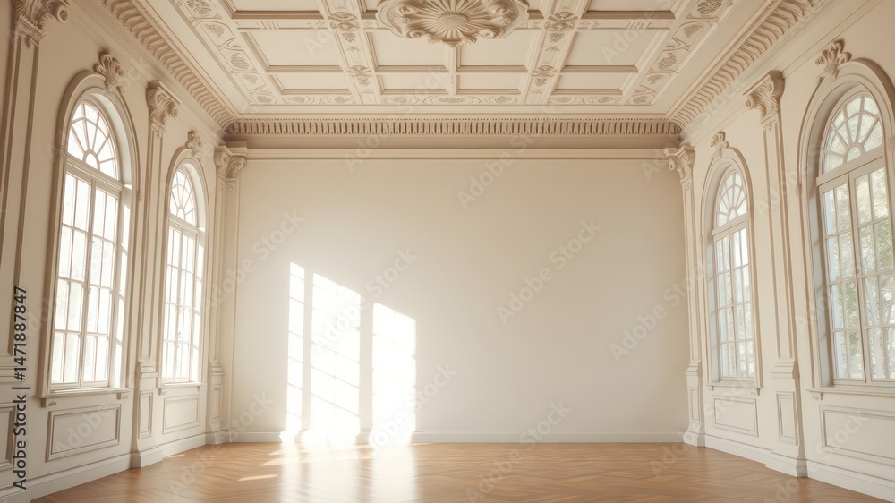 Obraz premium Sunlit Elegant Room with High Ceilings and Large Windows