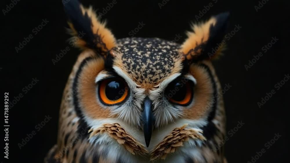 Intense Close-Up of an Owl's Face with Bright Yellow Eyes Against a Dark Background Intense Close-Up of an Owl's Face with Bright Yellow Eyes Against a Dark Background