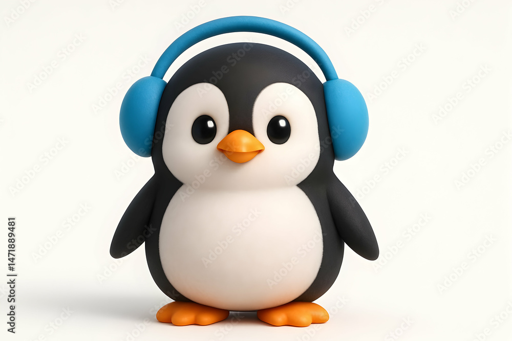Obraz premium Cute penguin with headphones enjoying music.