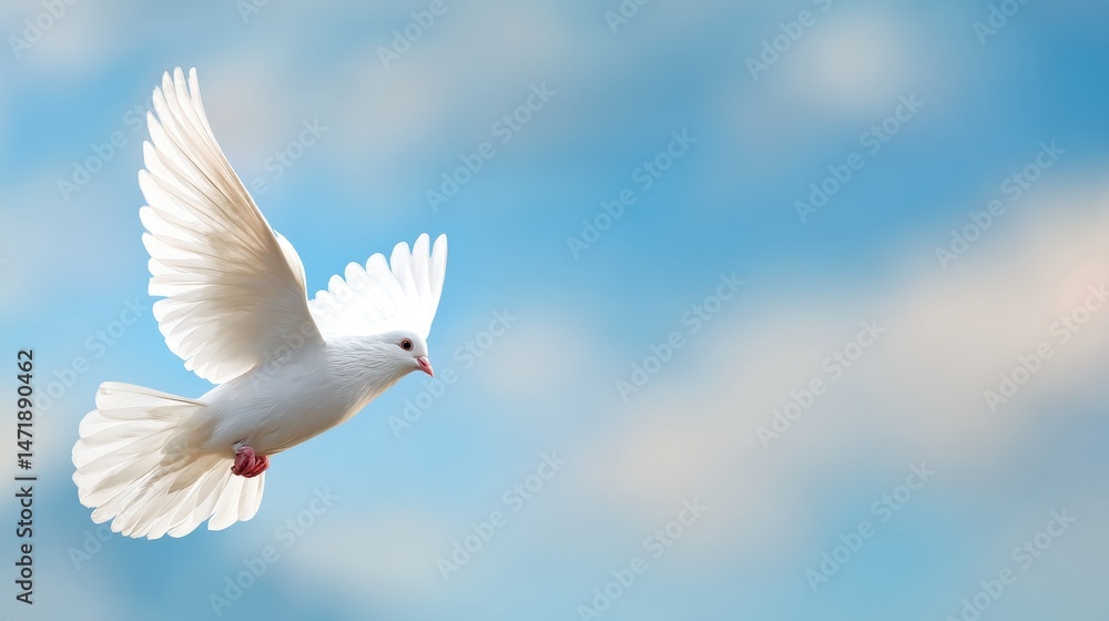Fototapeta premium White dove soaring against a serene blue sky with soft clouds in the background, symbolizing peace