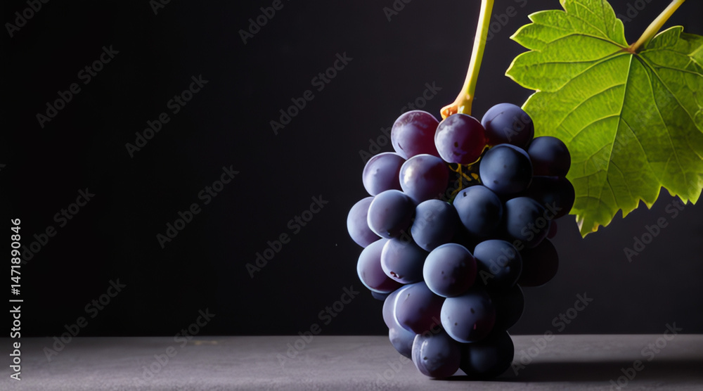 Bunch of grapes with leaf presented on dark background with copy space