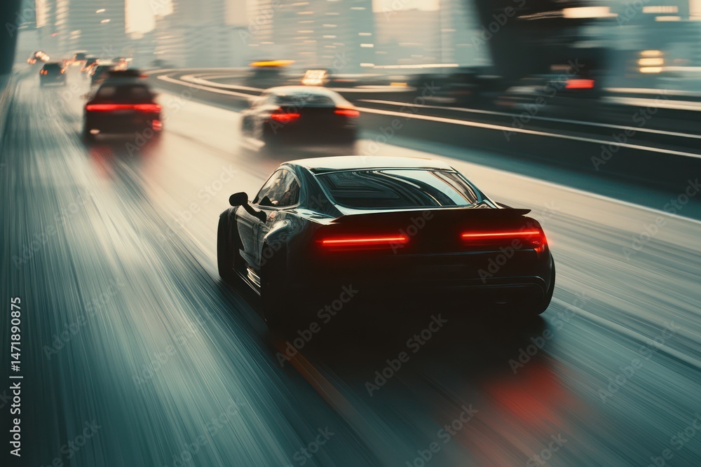Fototapeta premium Black car speeding down highway with motion blur