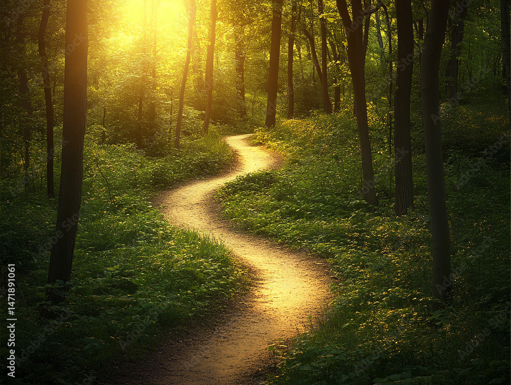 Fototapeta premium Serene Sunset Forest Path Winding Trail Golden Hour Nature Walk Tranquil Woods