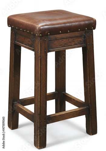 Square Wooden Stool With Leather Padded Seat