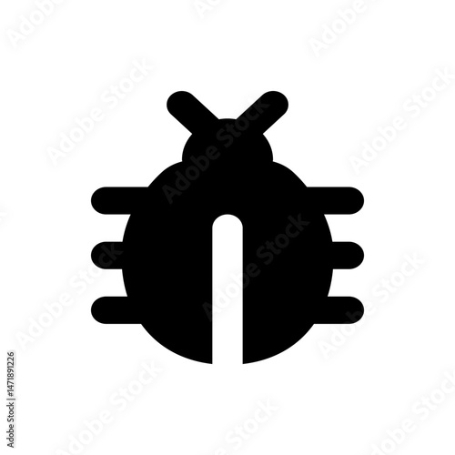 A black silhouette of a bug with antennae and three legs on each side and a white line down the middle