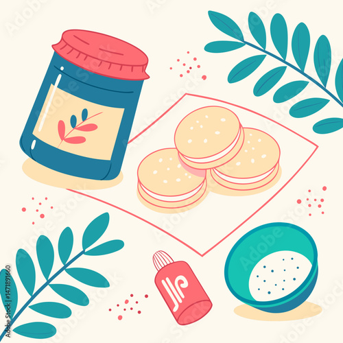 Colorful flatlay of dulce de leche jar and cookies with background  