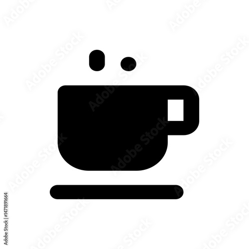 Black silhouette of a coffee cup with steam rising above it on a saucer against a white background view